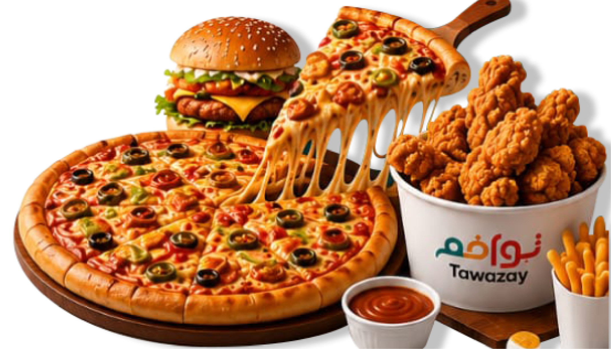 Tawazay signature pizza and fried chicken spread